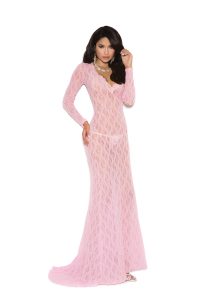 Long sleeve lace gown with deep V front and back train.
