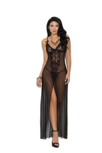 Long mesh gown features front slit